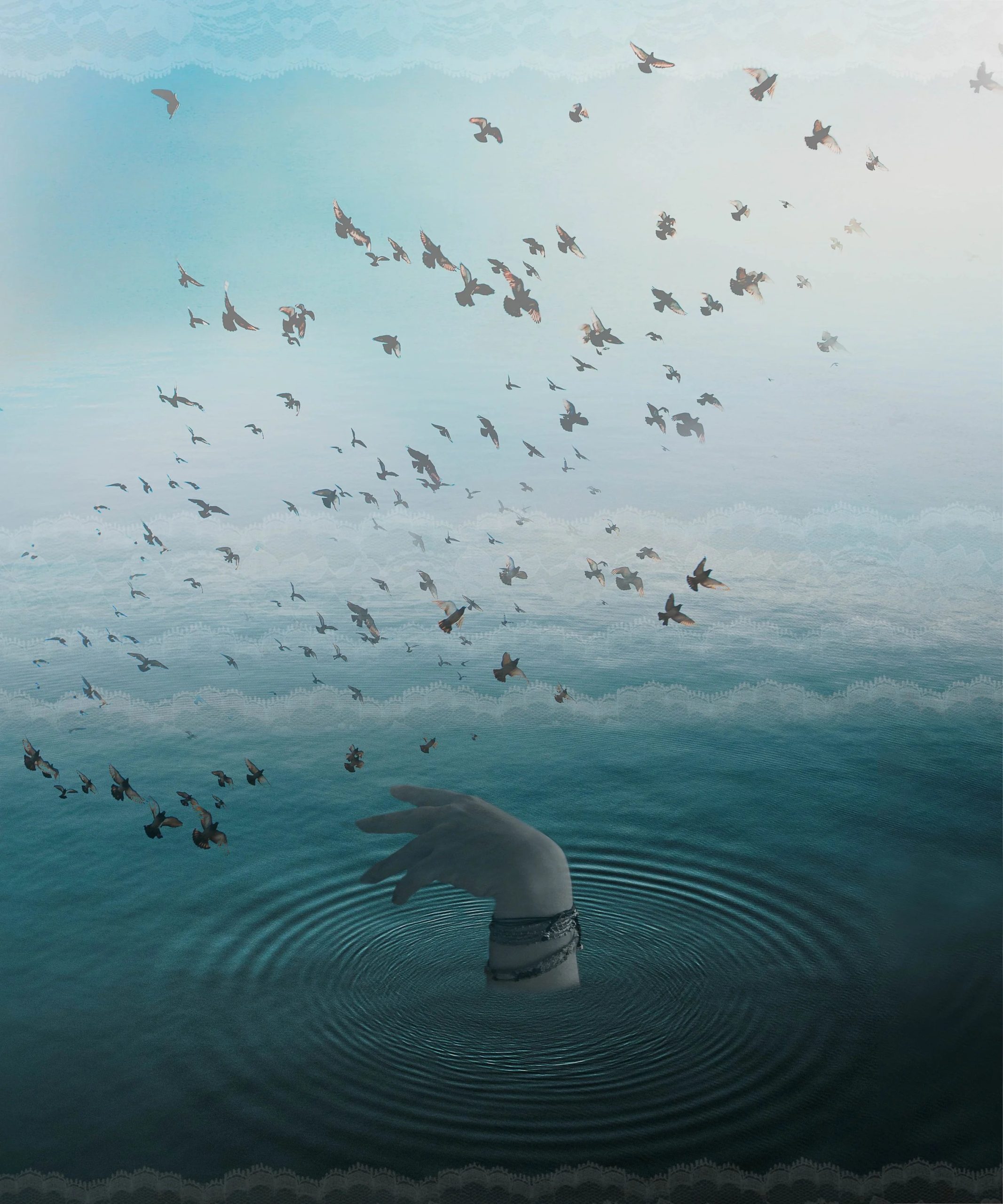 Hands moving through water during a reflective visual storytelling session